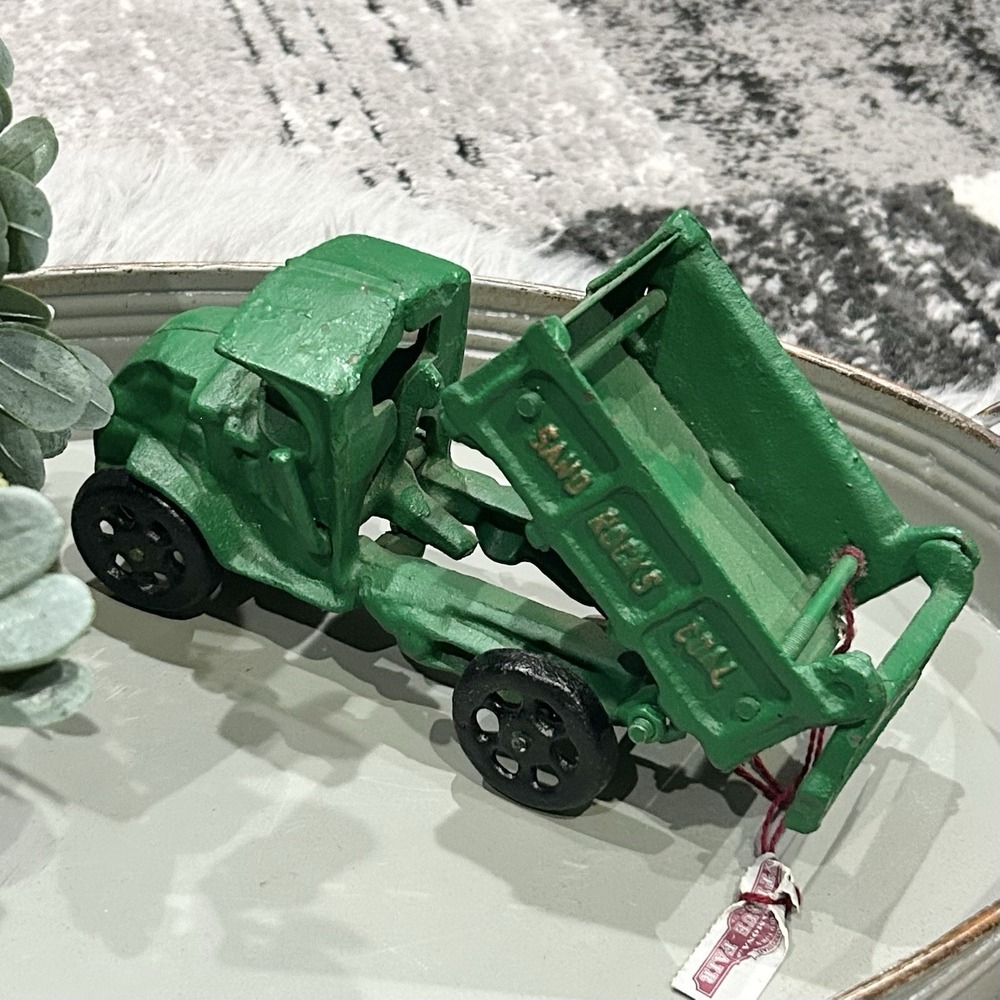 Vintage Cast Iron Mack Sand, Rocks, Coal dump truck toy Green 8"